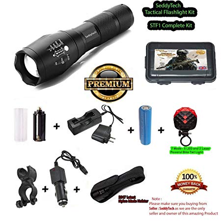 SeddyTech LED tactical flashlight Kit.Water Resistant Bright Handheld Flashlights with 2000 Lumens. Rechargeable Batteries,Chargers,Adjustable Zoom,5 Modes,Holster and Bike Mount