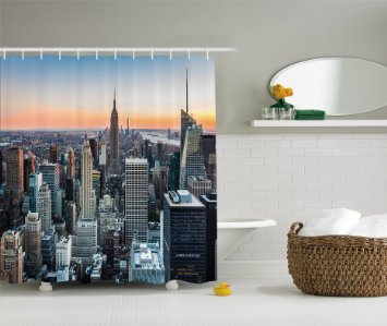 Ambesonne Cityscape Contemporary Artistic World Decor Collection, New York City Manhattan Skyline Sunset Landscape Rose Quartz, Polyester Fabric Bathroom Shower Curtain Set with Hooks