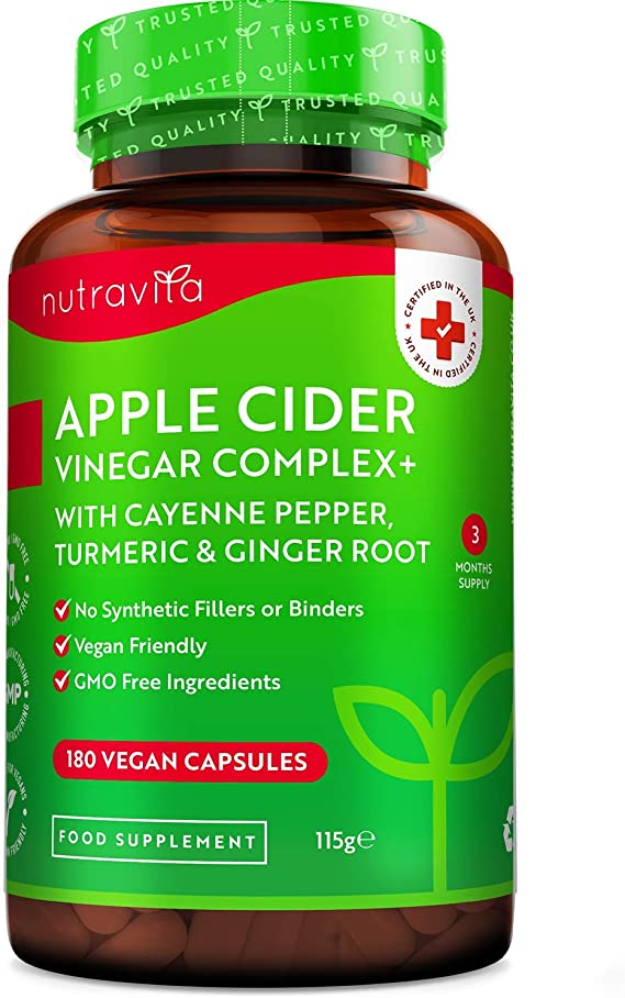 Apple Cider Vinegar Complex - 180 Vegan Capsules with Raw Unfiltered ACV Plus Added Cayenne Pepper, Turmeric and Ginger Root - 1033mg Daily Dosage - Made in The UK by Nutravita