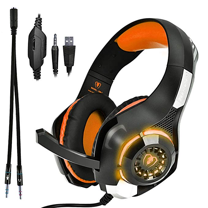 Gaming Headset, Beexcellent GM-1 3.5mm Surround Sound Gaming Headset with Microphone for PS4, Xbox, PC, Laptop, Tablet, Cell Phone, LED Lights (Orange)