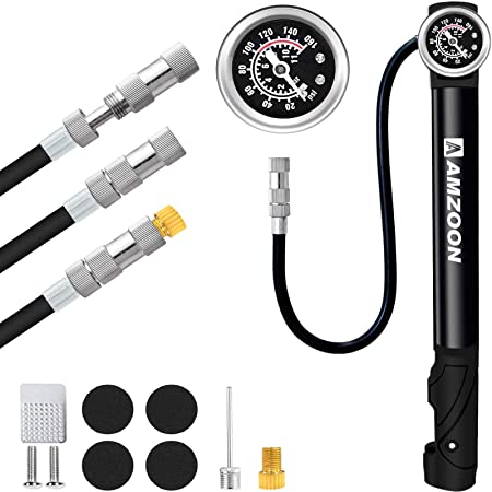 AMZOON Bike Pump Bicycle Pumps With Pressure Gauge Extension Hose Mini Bike Pump Cycling Accessories for Road Bike MTB Cycle Pump Fits Schrader & Presta Valve