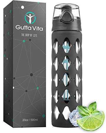 Gutta Vita 20 oz Glass Water Bottle Fruit Infuser with Silicone Sleeve - Best for Yoga Gym Hiking or Sports - BPA Free Borosilicate Glass - Portable Detox Bottle with Leak Proof Flip Top