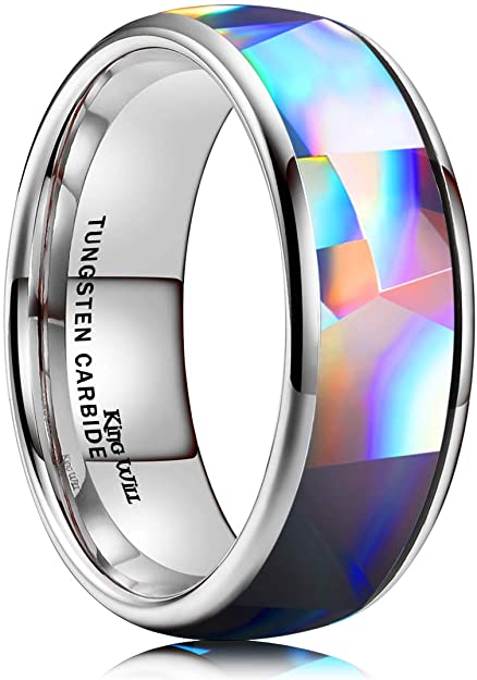 King Will Men's 4mm 6mm 8mm Silver/Rose Gold Tungsten Carbide Ring Inlaid Triangle White/Blue Opal Sticker Dome Wedding Engagement Band