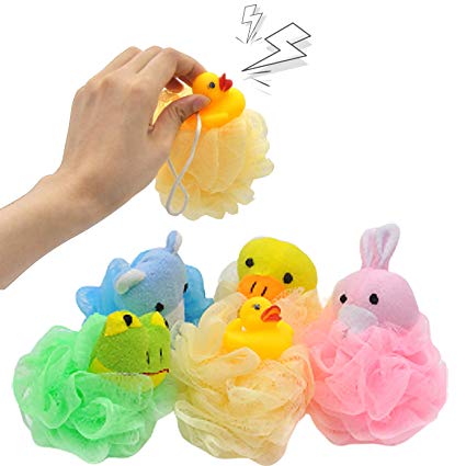 Cute Bath Shower Sponge, Cartoon Animal Pouf Loofahs [5 Pack], Soft Mesh Pouf Loofahs Bath Toys for Toddler Kids, Girl, Women - Fast Dry Durable