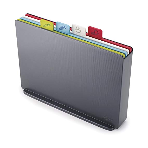 Joseph Joseph 60135 Index Plastic Cutting Board Set with Storage Case Color-Coded Dishwasher-Safe Non-Slip, Large, Graphite