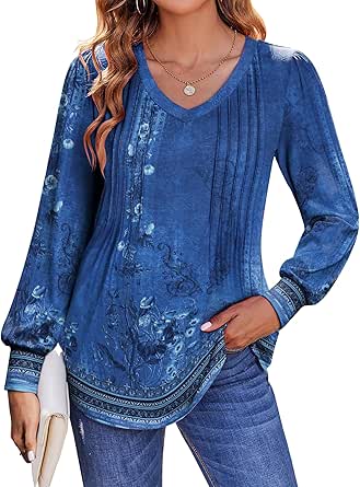 Zeagoo Women'S Puff Long Sleeve Shirts Pleated V Neck Fall Tunic Tops Blouse Dressy Causal Loose Summer T-Shirts