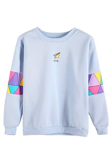 Romwe Womens Top Long Sleeve Color Block Paper Airplane Graphic Print Patchwork Trim Tee Shirt Sweatshirt