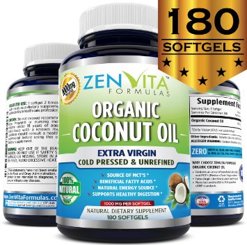 Organic Coconut Oil Capsules 1000 mg - 180 Softgels Coconut Oil Pills Made with Certified Organic Extra Virgin Coconut Oil Cold Pressed and Unrefined Natural Weight Loss Support Natural Energy Source No Hassle 100 Money Back Guarantee by ZenVita Formulas