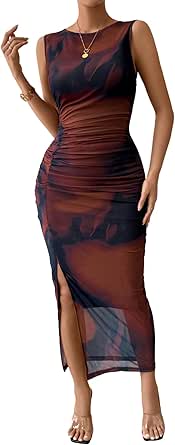 Milumia Women's Tie Dye Mesh Bodycon Maxi Dress Sleeveless Crew Neck Long Dresses