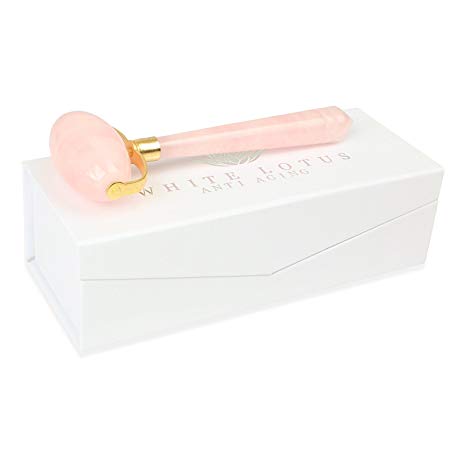 White Lotus - Real Rose Quartz Crystal Massage Roller in Beautiful Traditional Silk-Lined Gift Box - Hand-Carved Pink Rose Quartz