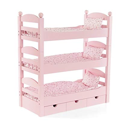 18 Inch Doll Furniture | 3 Single Stackable Doll Beds in One! Triple Bunk Bed and Doll Clothes Storage Drawer | Fits 18" American Girl Dolls