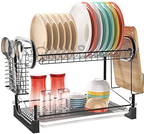 Dish Dying Rack,Ace Teah 2 Tier Dish Rack with Utensil Holder,Plated Chrome Dish Drainer 16.3 x 9.6 x 13.7 inch,Black