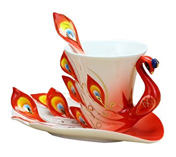 niceeshop(TM) Hand Crafted China Enamel Porcelain Tea Mug Coffee Cup Set with Spoon and Saucer (Red)