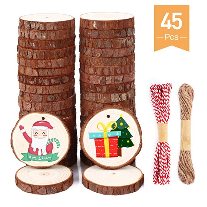 SOLEDI Unfinished Wood Slices 45 Pcs 2.4"-2.8" Natural Wood Slices with Pre-drilled Hole and 33 ft Natural Jute Twine and 33ft Red Ribbon for Christmas Crafts Ornaments Wedding Decoration