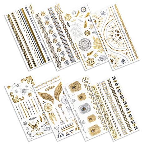 CNXUS Temporary Tattoos for Women Teens Girls Body Art- 8 Sheets Gold Silver Temporary Tattoos Glitter Shimmer Designs Jewelry Tattoos - 100  designs Color Flash Fake Waterproof Tattoo Stickers