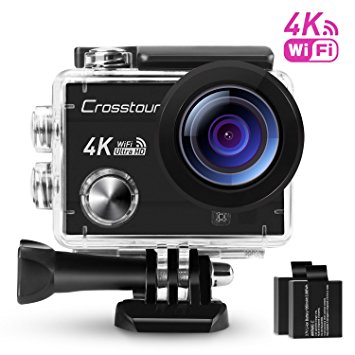 Crosstour Action Camera 4K Wi-Fi Ultra HD Underwater Cam 98ft 2" LCD 170°Wide-angle with 2 Rechargeable 1050mAh Batteries and Accessory Kits for Cycling Swimming Snorkeling