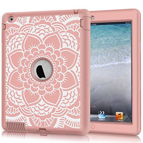 iPad 2 / 3 / 4 Case, Hocase Rugged Shock Absorbent Double Layer Hard Rubber Protective Case Cover with Cute Flower Pattern for Apple iPad 2nd / 3rd / 4th Generation Retina - Rose Gold