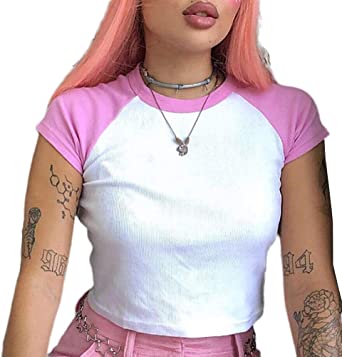 Women Girls Gothic Graphic Print Crop T Shirts Tops Round Neck Kawaii E-Girl Short Sleeve Crop Tee Top