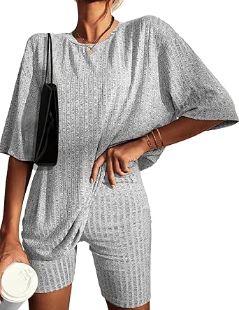 Ribbed Pajama Set Womens Half Sleeve Sleepwear Drop Shoulder Top and Shorts Lounge Set Sweatsuit