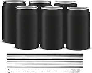 JoyJolt Metal Beer Can Tumbler with Straws and Brush. Unbreakable Metal Drinking Cup Set of 6 Metal Tumblers. Stainless Steel Tumbler Can Shaped Glass Cups, Soda Can Glasses for Water, Wine etc