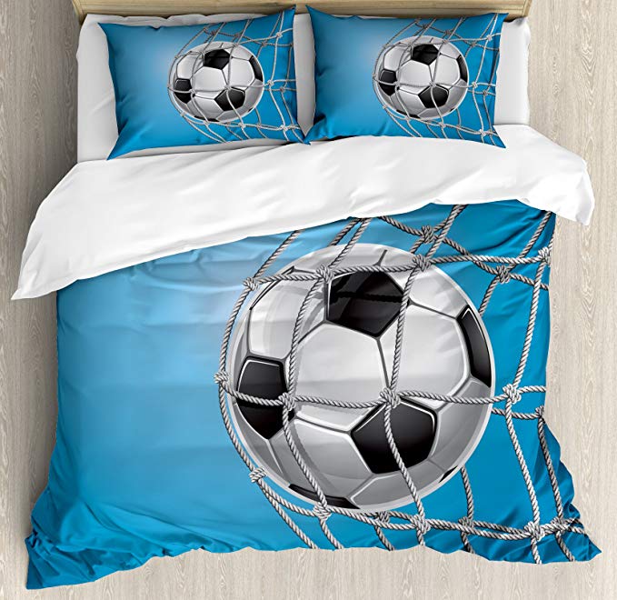 Ambesonne Soccer Duvet Cover Set Queen Size, Goal Football in Net Entertainment Playing for Winning Active Lifestyle, Decorative 3 Piece Bedding Set with 2 Pillow Shams, Blue Pale Grey Black