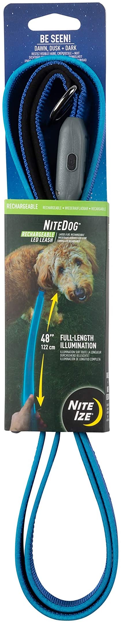 Nite Ize NiteDog Rechargeable LED Leash, USB Rechargeable 5 Foot Light Up Dog Leash w/Padded Handle, Blue