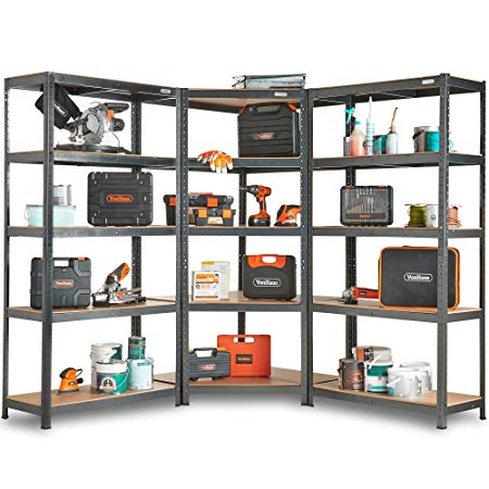 VonHaus 5 Tier Garage Shelving 3pc Corner Bundle – Metal Racking, Steel & MDF Boltless Shelves or Workbench - Massive 2625KG Capacity 175KG Per Shelf