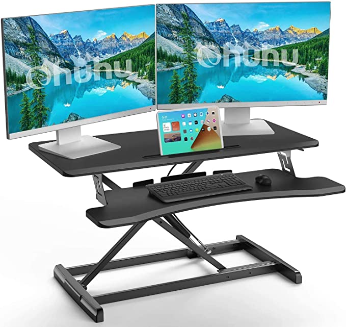 Desk Riser Workstation, Ohuhu 34.6 inch Height Adjustable Standing Desk Converter, Stand up Sit to Stand Tabletop Desk Work Station for Laptop & Computer Dual Monitors with Keyboard Tray