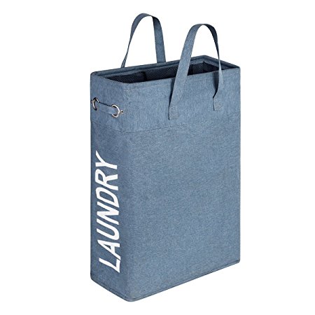 WISHPOOL Slim Handy Canvas Laundry Bag Hamper Foldable Laundry Basket Bag with Handle 15.4X7.8X22 Inch（Blue）