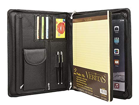 ZH Genuine Leather Portfolio/Business Padfolio/Conference Folder Organizer with Letter Size Writing Pad, Zipper Closure, for iPad Pro 9.7 Inch/iPad Air/Air 2, Black