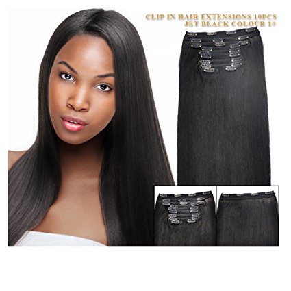 Clip In Sets 10pcs Clip In Human Hair Extensions Jet Black #1 Remy Human Hair Straight For Full Head 24inch 220g Weight