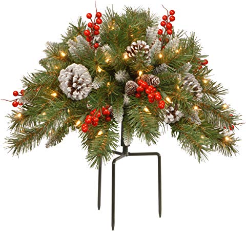 National Tree 18 Inch Frosted Berry Urn Filler with Cones, Red Berries, Tripod Stake and 35 Warm White Battery Operated LED Lights with Timer (FRB-300-18U-B)