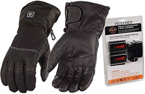 Milwaukee Leather MG7513SET Men's Black 'Heated' Leather Gauntlet Waterproof Gloves with i-Touch (Battery Pack Included) - Large