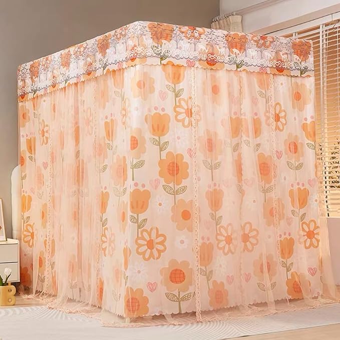 Obokidly Princess 4 Four Corner Post Bed Curtain Canopy Cute Net Canopies for Girls Boys Kids Teens Girl Adult Home Bedroom Decoration (Orange-Flower, King)