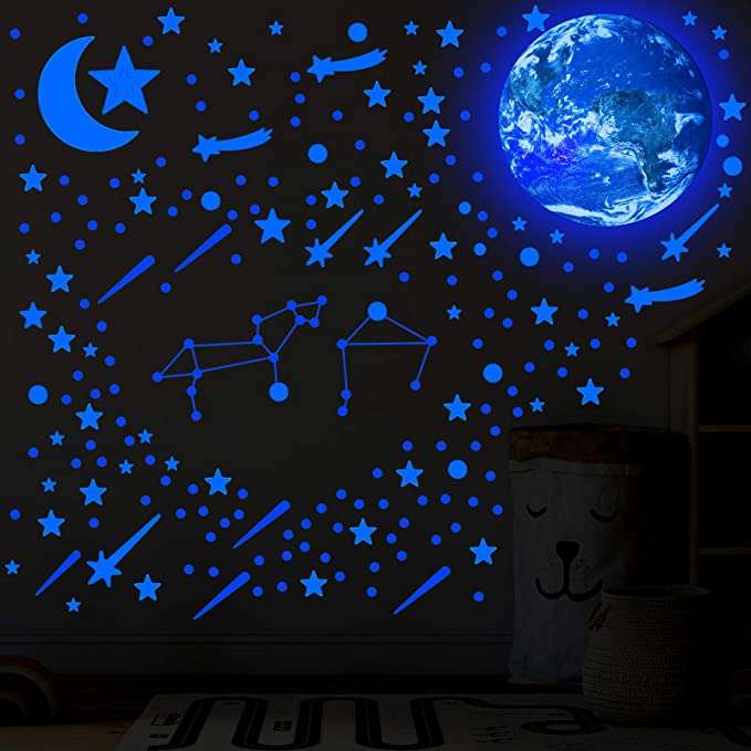 861 Pieces Glowing in The Dark Wall Stickers Self Adhesive Star Ceiling Decal 3D Fluorescent Earth Moon Wall Decal Luminous Removable Meteor Dot Ceiling Sticker for DIY Room Decoration (Blue)