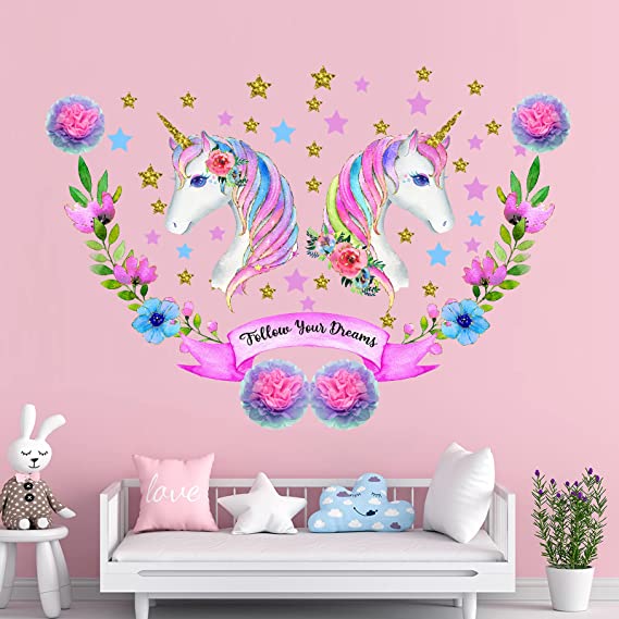 Unicorn Art Wall Sticker Unicorn Paper Flowers Kit Unicorn Nursery Wall Decals Removable Unicorn Wall Stickers DIY Unicorn Flowers Wall Decoration for Girls Kids Bedroom Nursery Playroom Decor