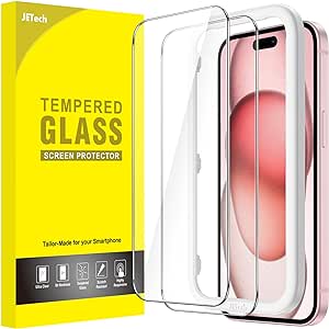 JETech Screen Protector for iPhone 15 6.1-Inch, Bubble Free, Tempered Glass Film with Easy Installation Tool, Case-Friendly, HD Clear, 2-Pack