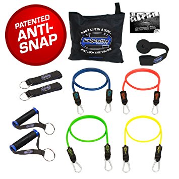 Bodylastics 11 pcs Resistance Bands *BASIC TENSION Set (58 lbs.) with 4 anti-snap exercise tubes, Heavy Duty components, and carrying case