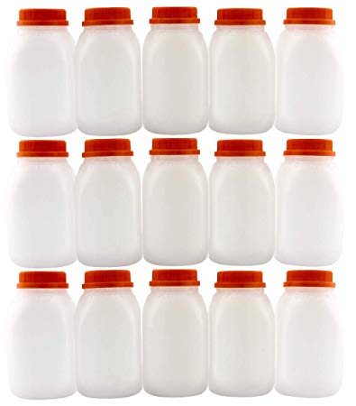 8-Ounce Plastic Milk Bottles (15-Pack); HDPE Bottles Great for Milk, Juice, Smoothies, Lunch Box & More, BPA-Free, Dishwasher-Safe