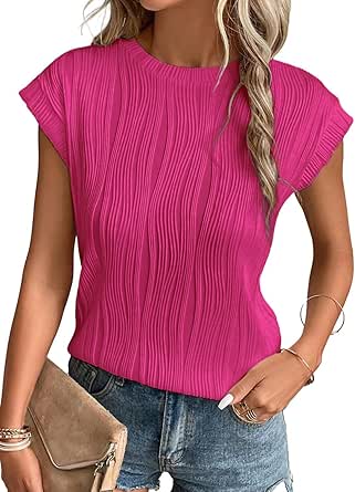 EVALESS Womens Short Sleeve Textured Tops Crewneck Knit Solid Loose Casual Basic T Shirts Tee Blouses