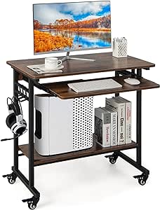 COSTWAY Mobile Computer Desk, Study Table Writing Workstation with Keyboard Tray, Storage Shelf, 3 Hanging Hooks & 4 Lockable Wheels, Modern PC Laptop Table Gaming Working Desk for Home Office Bedroom