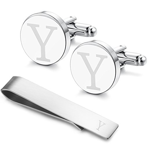 LOYALLOOK Stainless Steel Engraved Initial Cufflinks and Tie Clip Bar Set Alphabet Letter With Gift Box A-Z