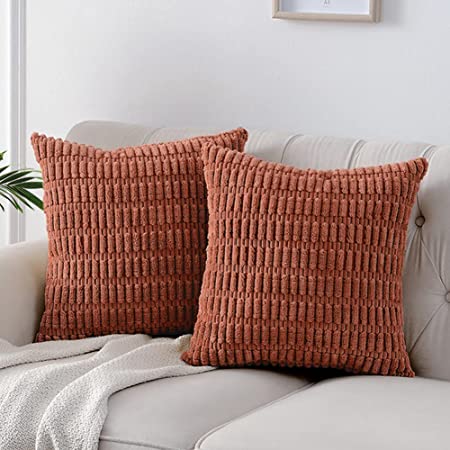 Fancy Homi 2 Packs Rust Decorative Throw Pillow Covers 18x18 Inch for Living Room Couch Bed Sofa, Soft Striped Corduroy Square Cushion Case 45x45 cm, Terracotta Rustic Farmhouse Boho Home Decor