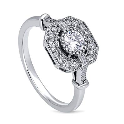 BERRICLE Rhodium Plated Sterling Silver Cubic Zirconia CZ Art Deco Fashion Right Hand Ring