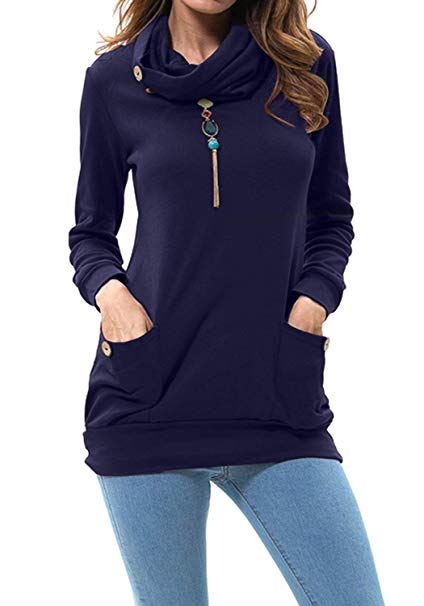 levaca Womens Long Sleeve Button Cowl Neck Casual Slim Tunic Tops with Pockets