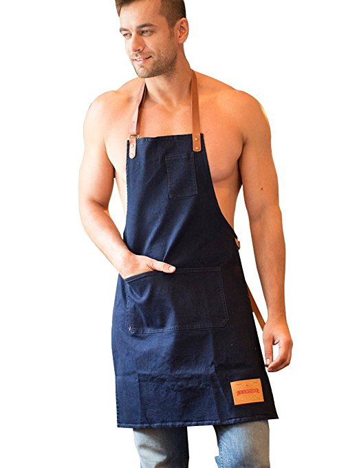 Vantoo Unisex Adjustable 100% Cotton Denim Apron with Pockets for Men and Women - Durable Leather Ties&Soft Denim Fabrics - Professional for Cooking - Indigo Blue