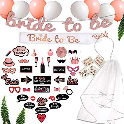 Scapa Pro Rose Gold Bachelorette Party Decorations Kit. 63-Pc Pink Bridal Shower Supplies 1-of-a-Kind Design Includes: Bride-to-Be Sash, Tiara, Veil, Photo Props; Glitter Banner; Tattoos, Balloons