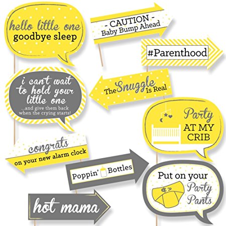 Funny Yellow and Gray - Hello Little One - Baby Shower Photo Booth Props Kit - 10 Count