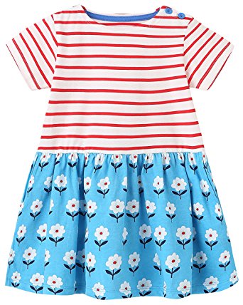 Fiream Girls Summer Casual Dresses Cotton Striped Cartoon Printed Playwear Dresses