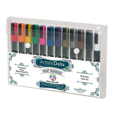 Paint Markers by Artistic Delta - Set of 12 Medium Point Oil-based Art Pens - Assorted Opaque Colors with Matte Finish - Durable Case - for Painting on Glass, Rock, Wood, Ceramic, Plastic, Metal